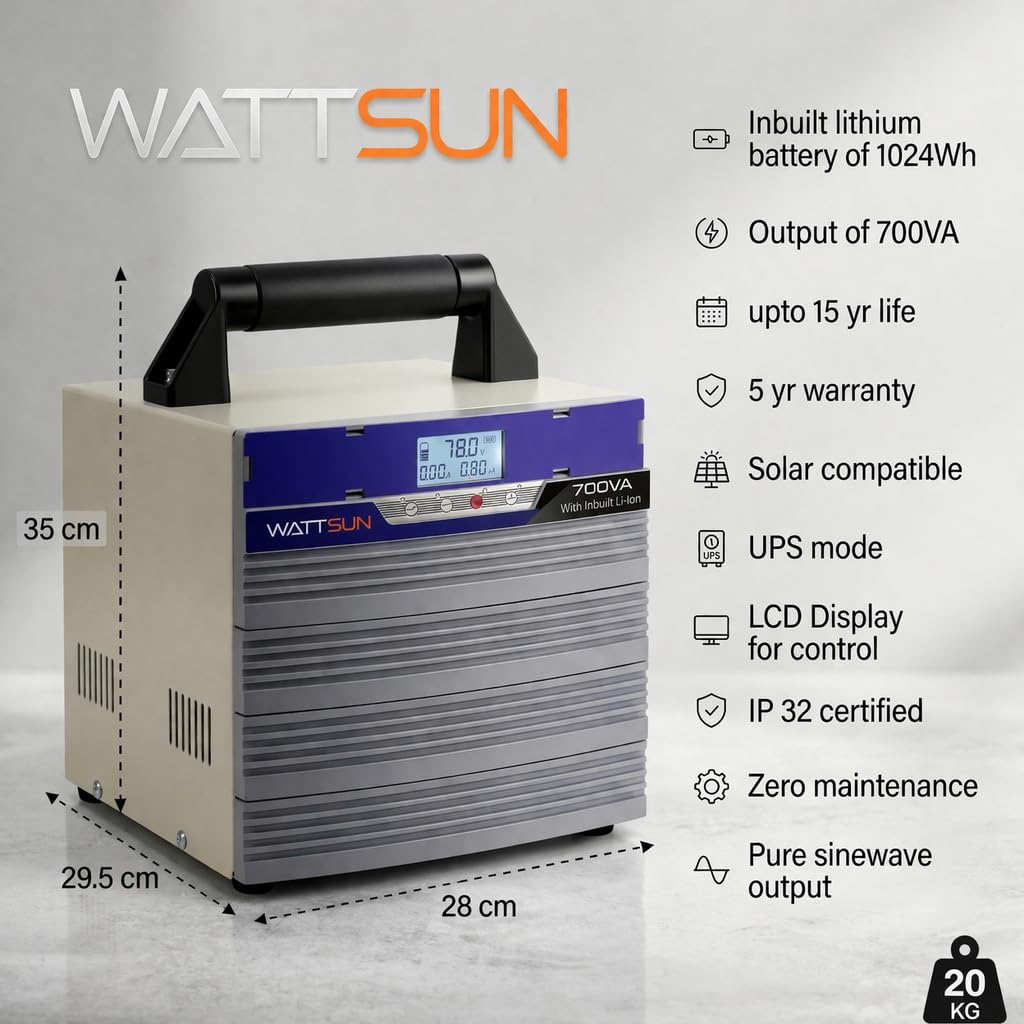 Wattsun Inverter 700VA with Upto 15 Year Life | Integrated 1024Wh Lithium-Ion Battery | Pure Sine Wave Inverter | IP32 Water Protection | LCD Display | Compact & Portable Design | 5 Years Warranty