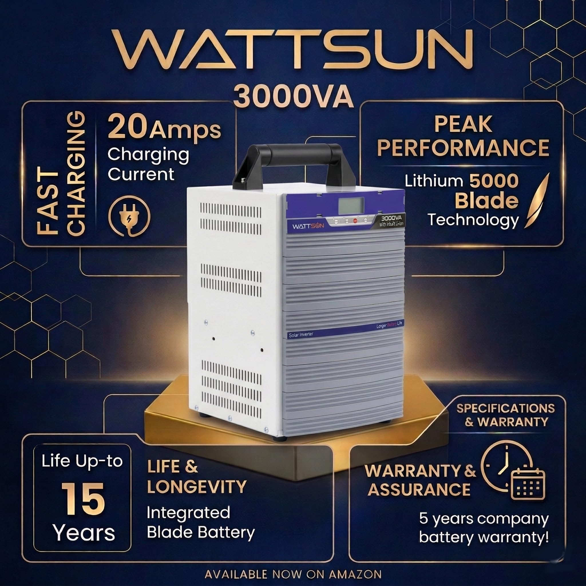 Wattsun Inverter 3KVA with Upto 15 Year Life | Integrated 2688Wh Lithium-Ion Battery | Pure Sine Wave Inverter | IP32 Water Protection | LCD Display | Compact & Portable Design | 5 Years Warranty 