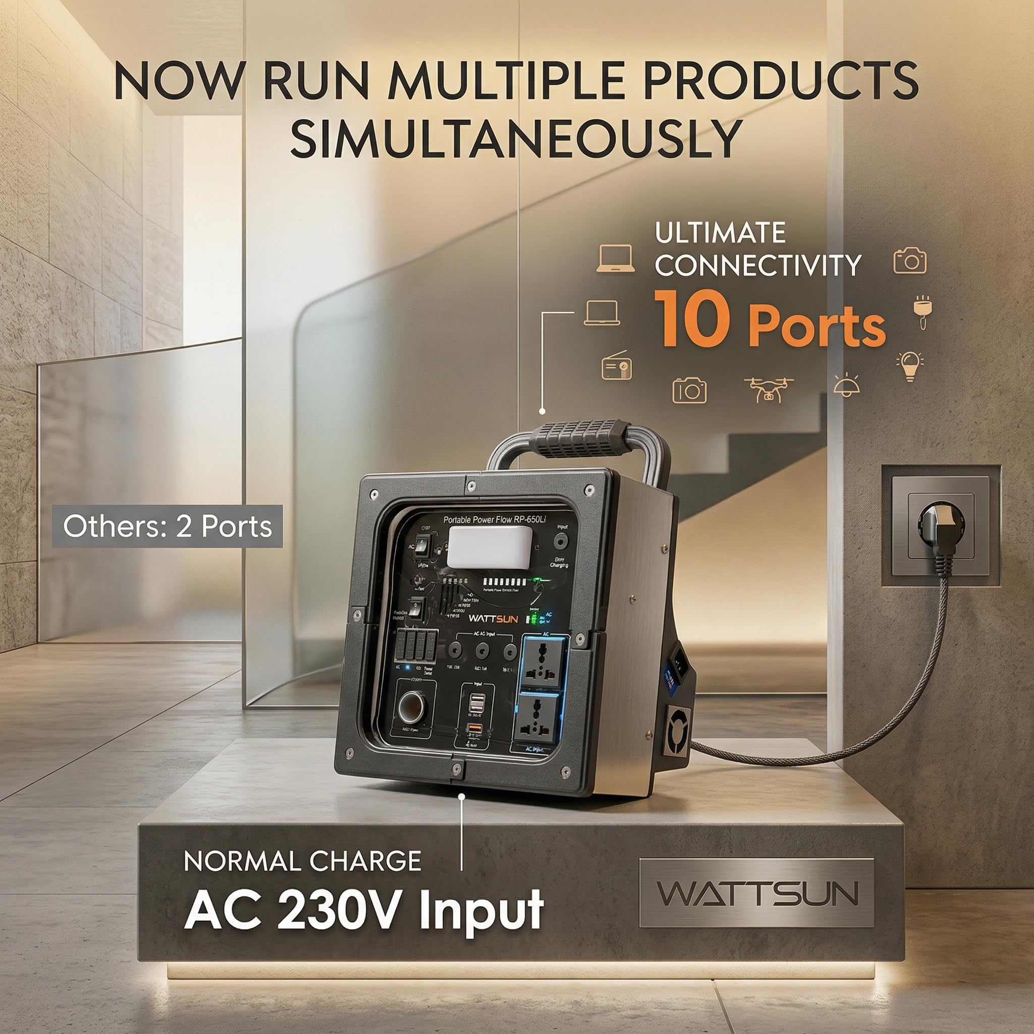 Wattsun 650 WATT Portable Power Station | Inbuilt 268.8 Wh Li-Battery | 10 Output Ports | Weight 5.4 kg | IP 32 Water Protection | 3 years Warranty | Inbuilt 15W Light | For Outdoor Activities & Home