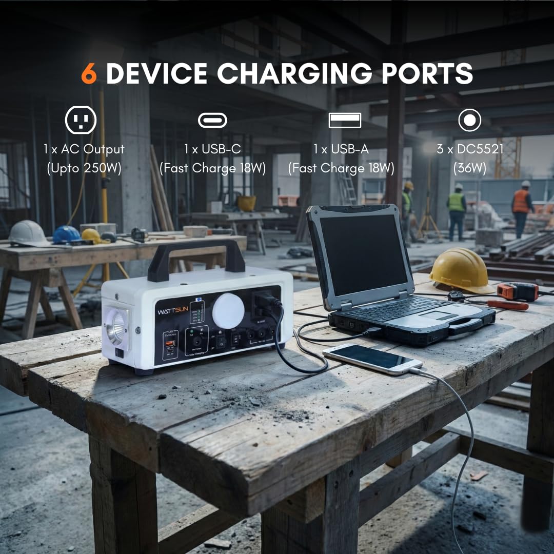 Wattsun 450 WATT Portable Power Station | Inbuilt 296 WH Li-Battery | 6 Output Ports | Weight 3 kg | IP 32 Water Protection | 3 years Warranty | Inbuilt 15W LED Light | For Outdoor Activities & Home